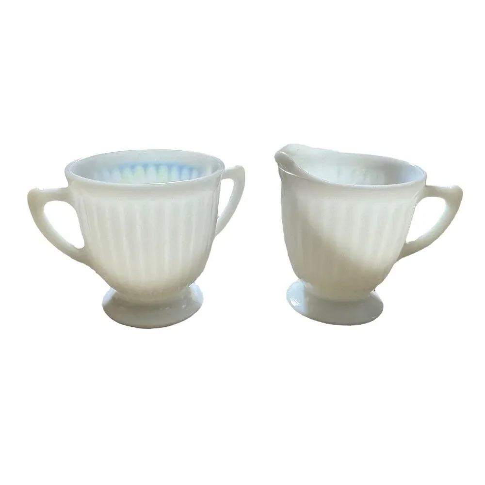 Macbeth Evans Glass PETALWARE White Monax Footed Sugar‎ Bowl Dish & Creamer Set
